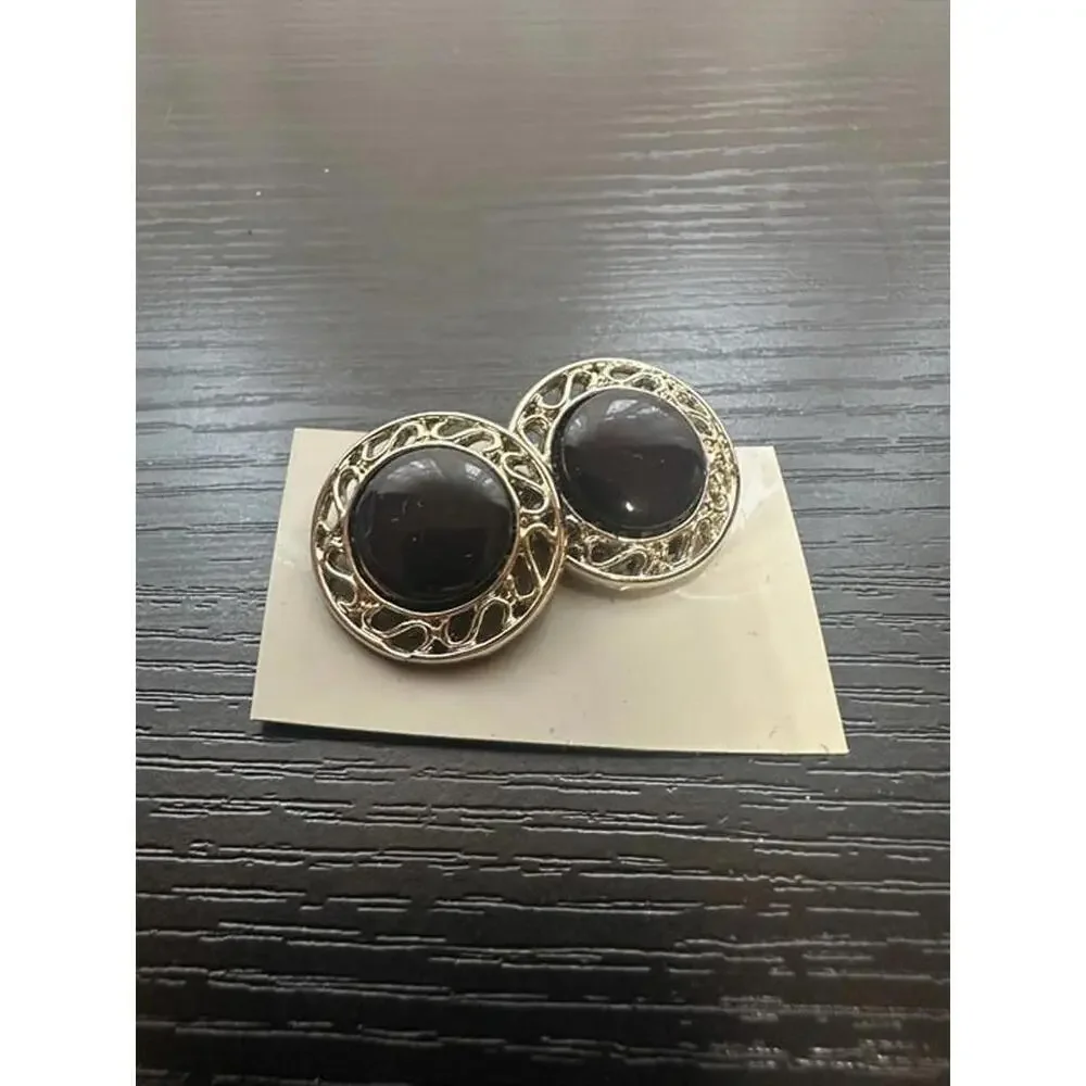 Vintage Gold-Tone Black Cabochon Clip-On Earrings
